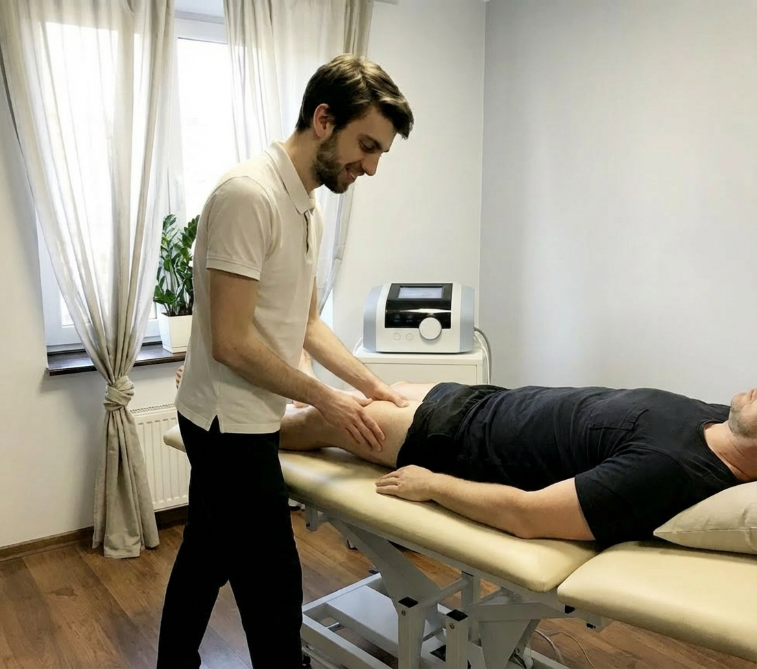 Fizjoterapeuta w gabinecie we Wrocławiu wykonuje zabieg terapii manualnej